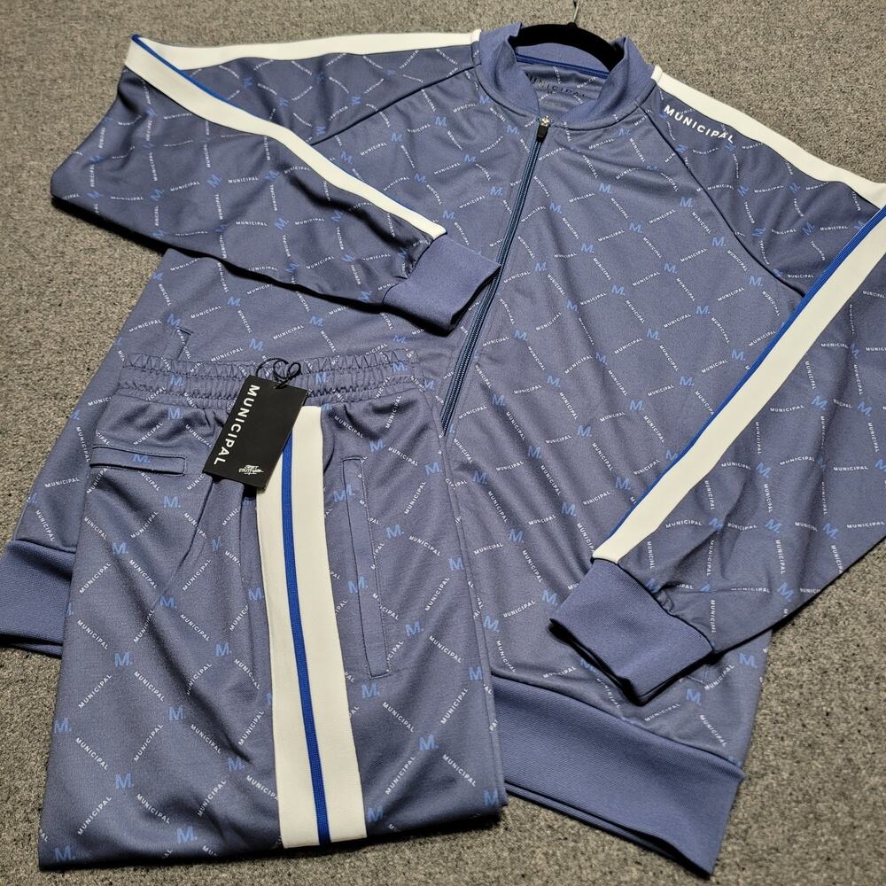 Municipal Track Suit Men Medium Blue Trackstar Jumpsuit Jacket Pants Utility AOP